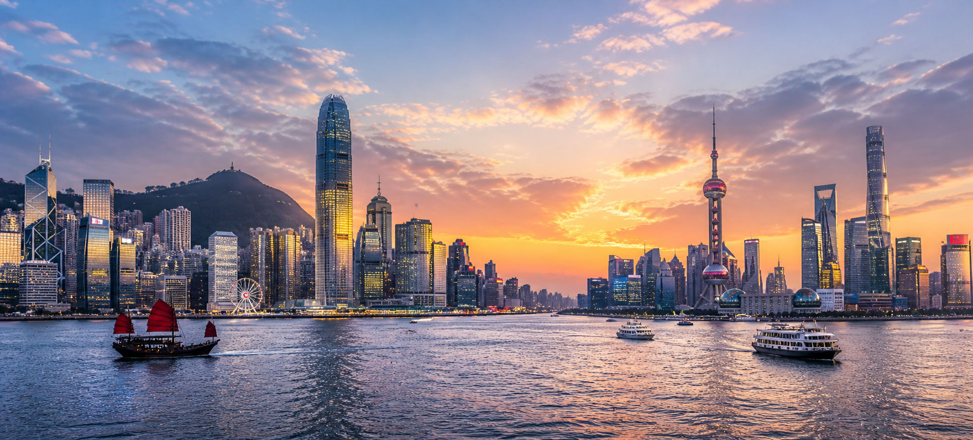 East Asia cruise with modern skyline, harbor, and cultural landmarks